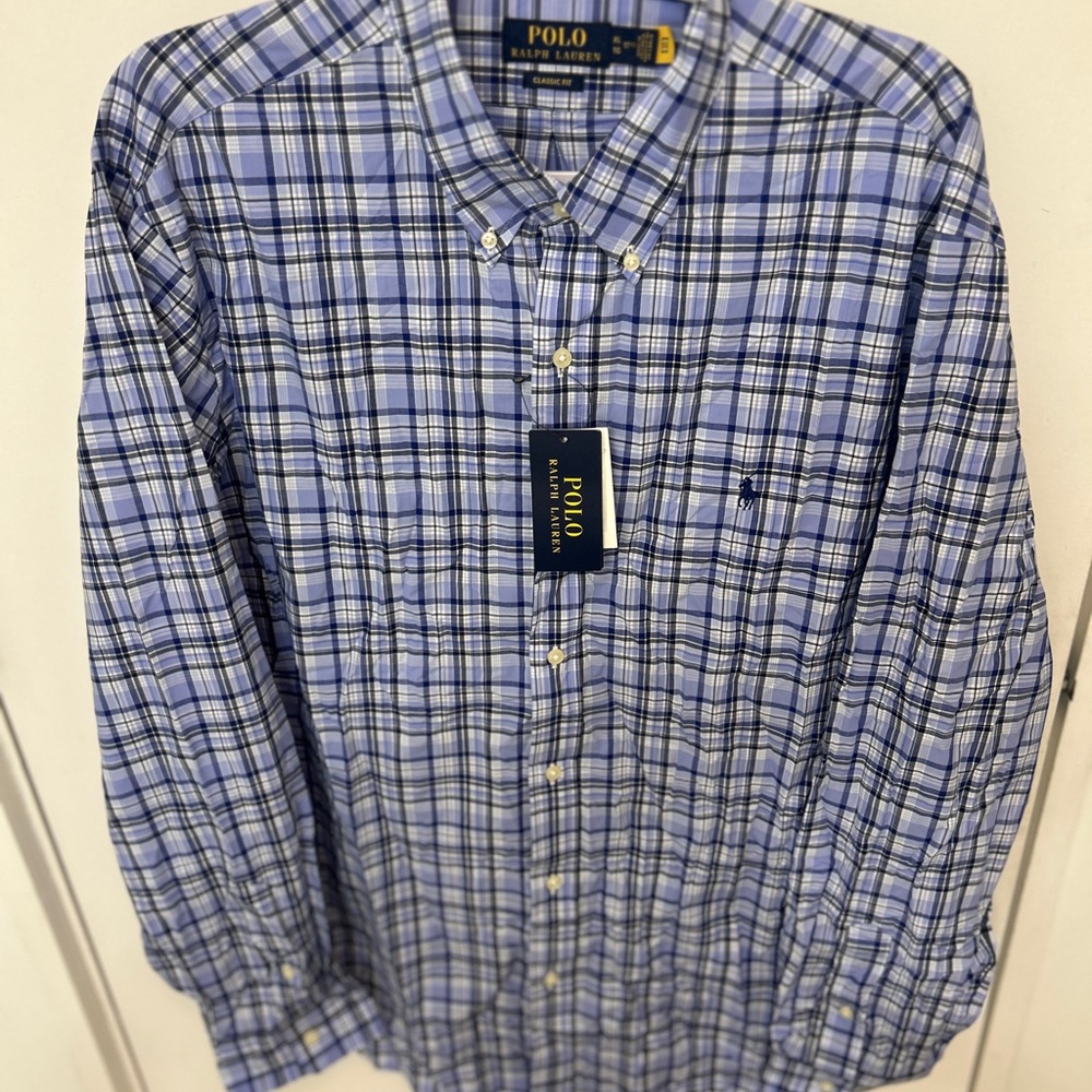 Polo Ralph Lauren Classic-Fit Shirt Button Down blue Plaid Cotton XL NWT $125